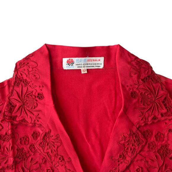 Red Floral Embroidered Silk Shirt | Vintage Button Up Top Size M - Picture 3 of 6